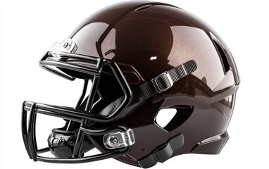 Football Helmet: A sports helmet with a glossy finish and strong face guard, positioned on a white background