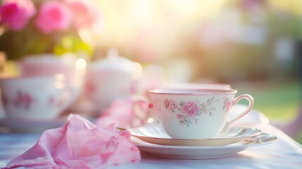 Fototapeta premium Serene Afternoon Tea in Floral China with Natural Light