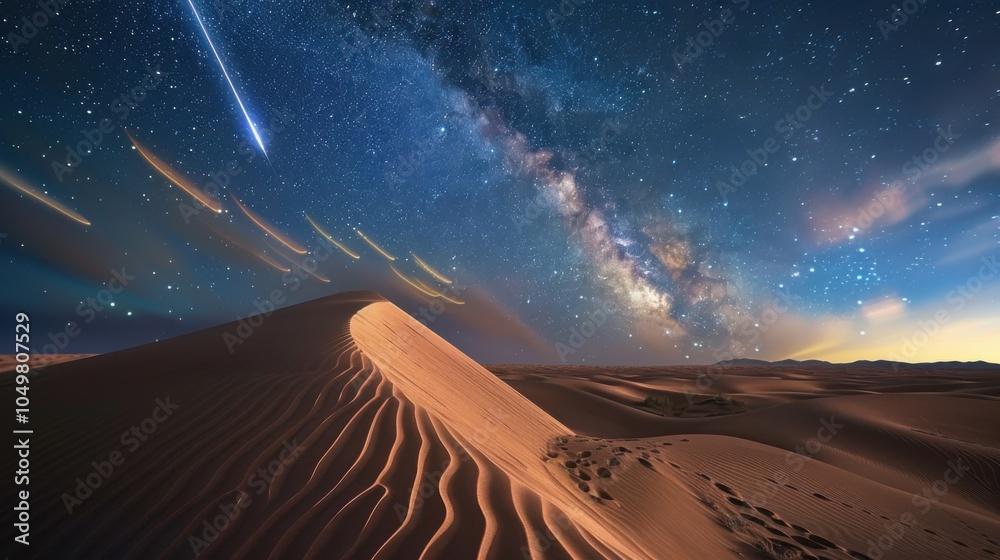 Poster A mesmerizing view of a remote desert sand dune with an unusual formation and a rare, bright comet casting celestial trails over the vast desert landscape, Desert sand dune scene