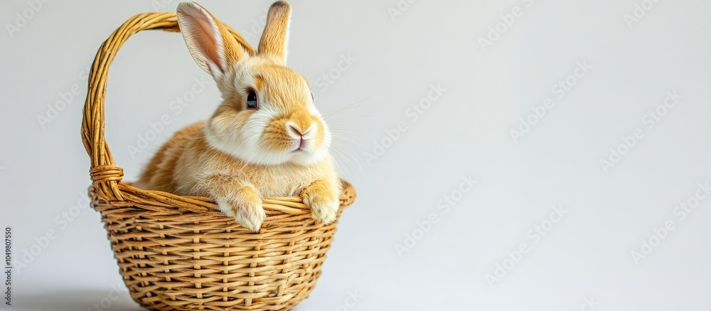 Leinwandbilder Studio image of a domestic rabbit in a basket against a white background. with copy space image. Place for adding text or design