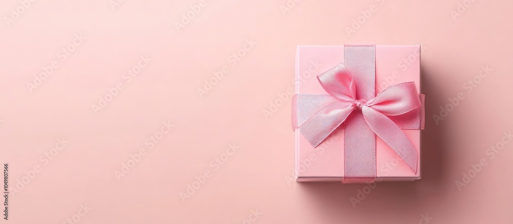 Leinwandbilder Gift box with a pink ribbon on a soft pink background Valentine s Day composition Flat lay top view Banner. with copy space image. Place for adding text or design