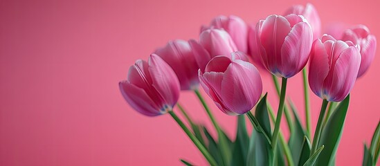 Fototapeta premium Handmade tulip bouquet fabric with a heartfelt touch Flowers symbolize a gift of love for Valentine s Day Pink background with copy space