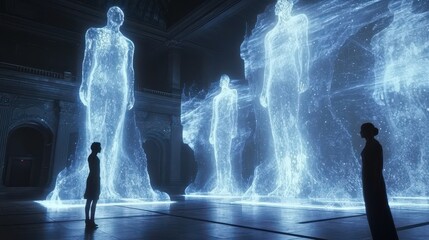 An interactive digital gallery with holographic art displays, where visitors engage with motion-responsive installations and AI-enhanced visual effects 