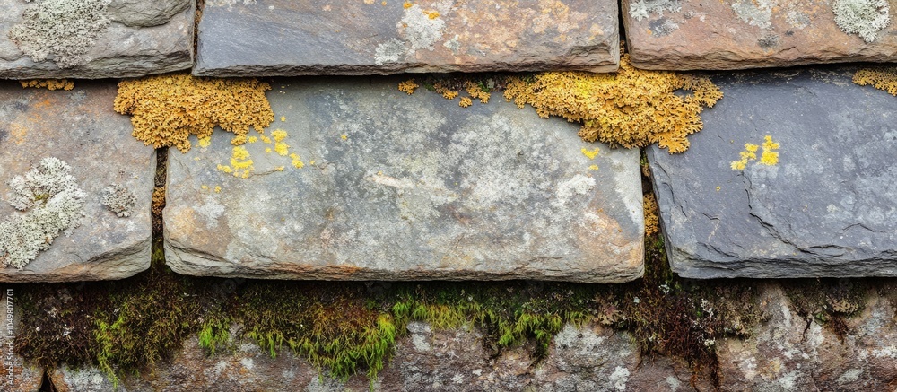 Poster close up of an aged slate roof adorned with dry moss and lichen on a clay wall copy space shallow de