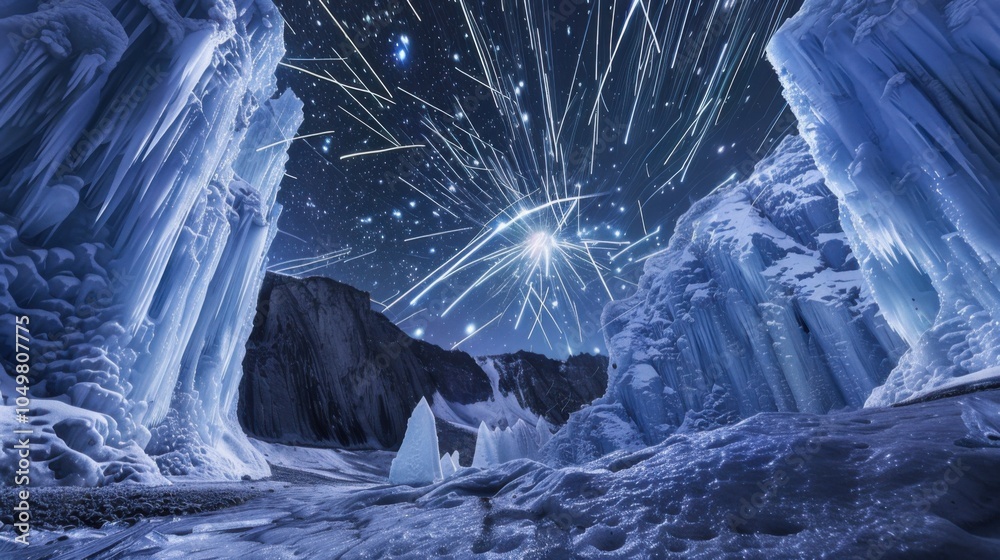 Poster a mesmerizing view of a remote glacier field with towering, luminous ice spires and a rare, vivid me