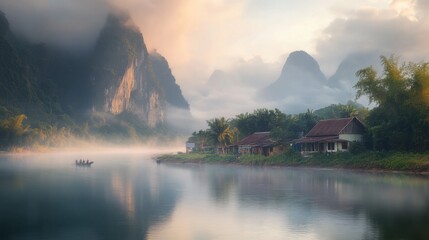 Obraz premium A peaceful morning scene in Vang Vieng, with mist rising over the river and the limestone