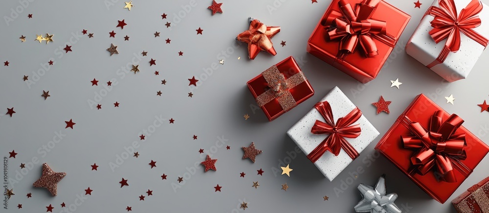 Poster gifts wrapping bow stars set against a gray background. with copy space image. place for adding text