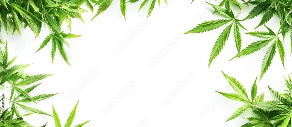 Aufkleber Frame of green hemp leaves on a white background Isolated. with copy space image. Place for adding text or design