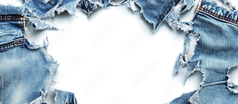 Aufkleber Denim jeans with rips tears and a blue edge frame isolated on a white background providing space for text. with copy space image. Place for adding text or design