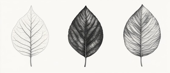 Obraz premium Three leaves are shown in black and white, with the middle one being the darkest