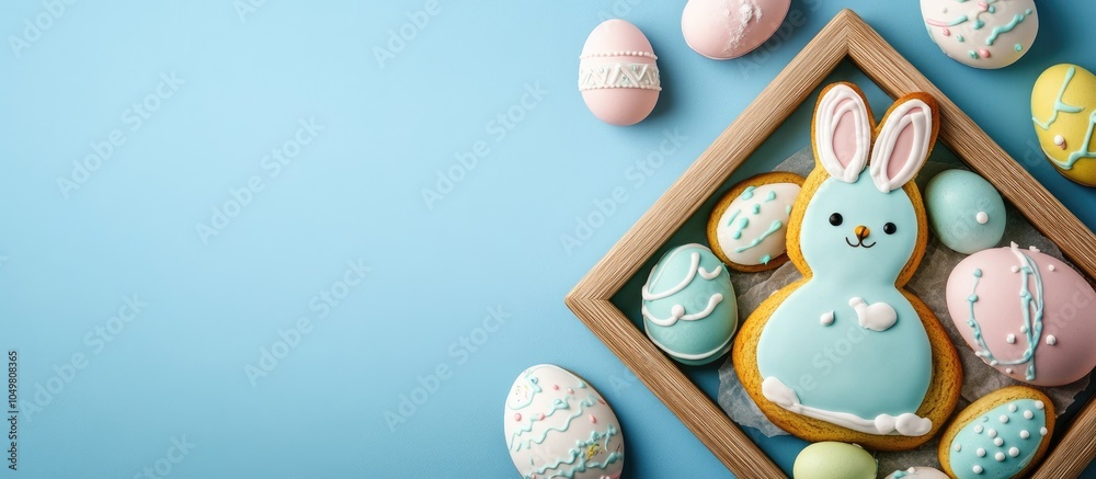 Leinwandbilder colorful easter bunny and egg cookies in a wooden frame blue background top view. with copy space im