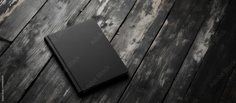 Poster Dark black and white notebook on a wooden table backdrop Notebook against a black and white background. with copy space image. Place for adding text or design