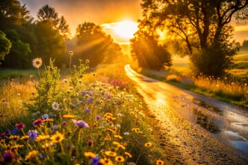 Obraz premium Enchanting Golden Hour on a Serene Country Road with Lush Fields and Warm Sunlight Creating a Peaceful Atmosphere in Nature's Embrace