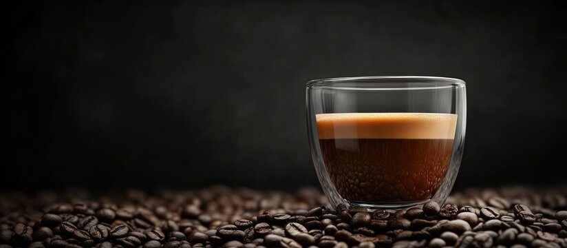 Cup of coffee on coffee beans against a black background Glass coffee cups on a black background Coffee beverage in a double walled glass. with copy space image. Place for adding text or design - Powered by Adobe