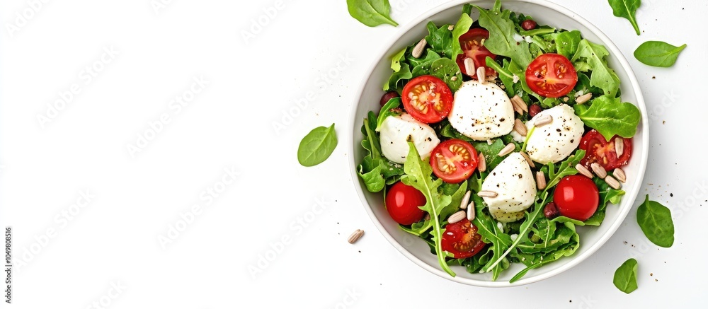 Poster Nutritious salad featuring mozzarella cheese arugula lettuce leaves spinach tomatoes and sunflower seeds Top view copy space White background