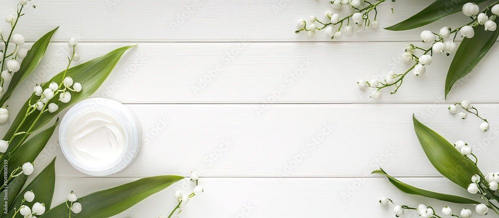 Poster cosmetic cream and lily of the valley blossoms on a white wooden table. with copy space image. place