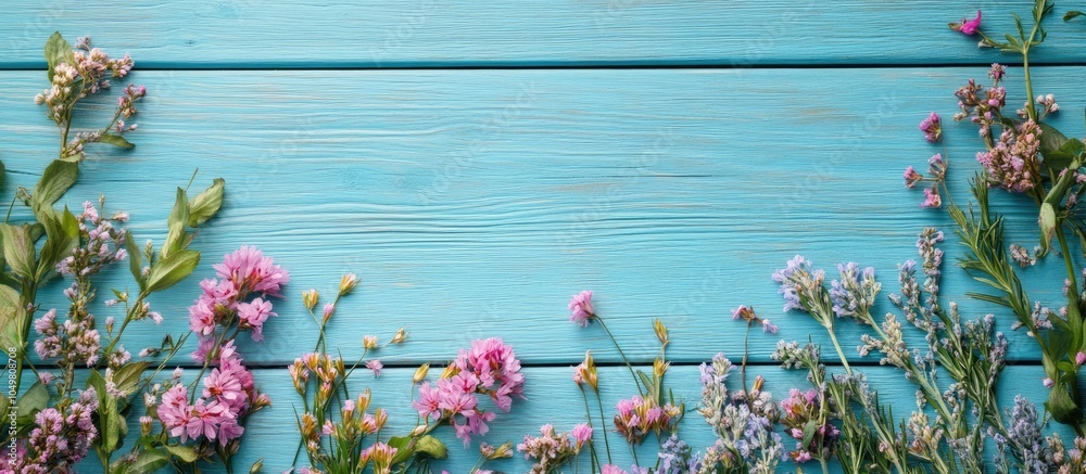 Aufkleber herbal flowers on a blue wooden tabletop background. with copy space image. place for adding text or