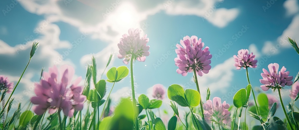 Leinwandbilder Wild pink flowers of Alsike clover Trifolium hybridum ssp elegans in a field with the sky in the background selective focus viewed from below. with copy space image. Place for adding text or design