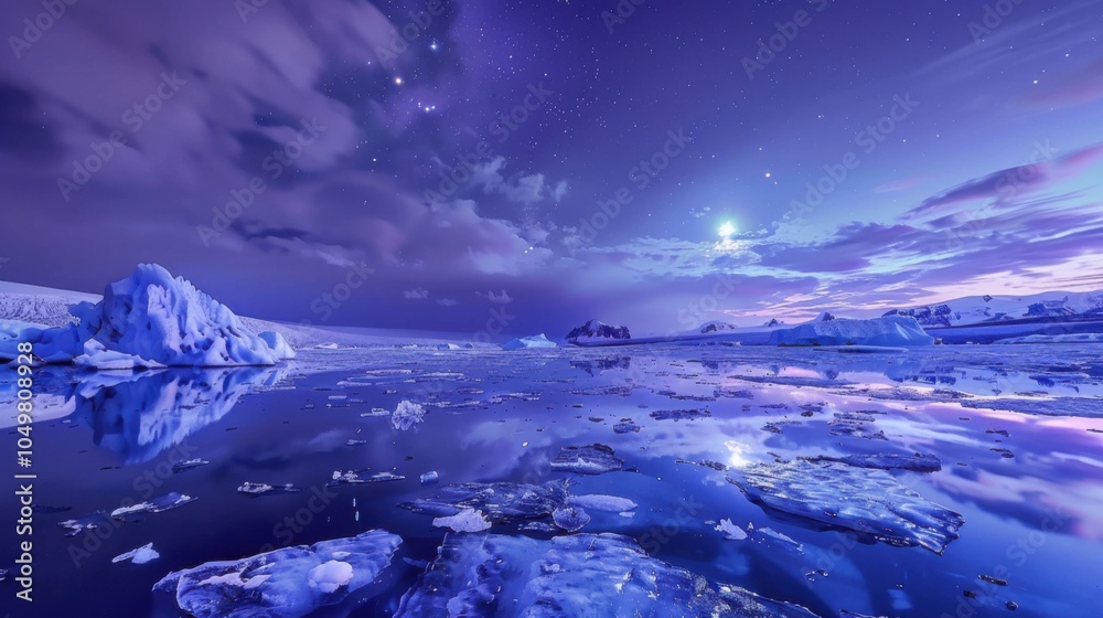 Poster a mesmerizing view of a remote glacier lagoon with reflective, floating icebergs and a rare, bright 