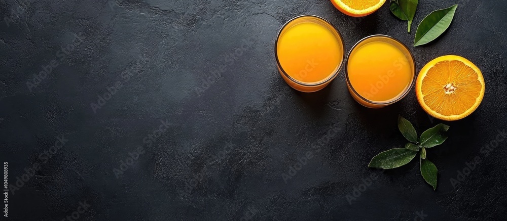 Fototapete tasty orange juice and fresh fruits on a black table top view room for text. with copy space image. 