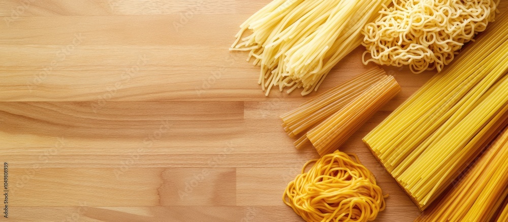 Poster Flat lay arrangement featuring various quick cooking noodles on a wooden surface Room for text. with copy space image. Place for adding text or design