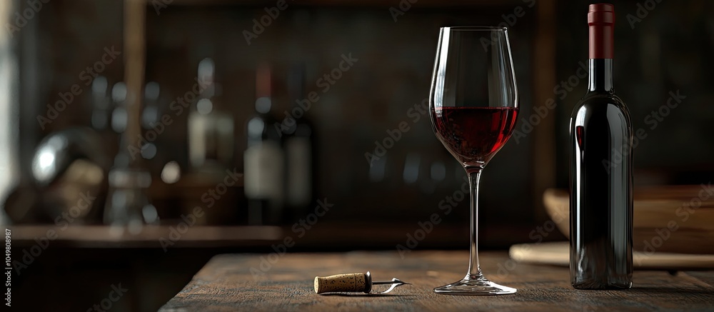 Poster Close up of a red wine glass on a table with a blurred bottle and corkscrew. with copy space image. Place for adding text or design