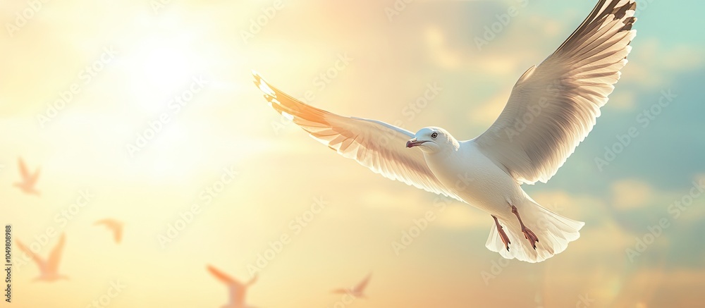 Poster seagull birds against a vibrant sunshine background. with copy space image. place for adding text or