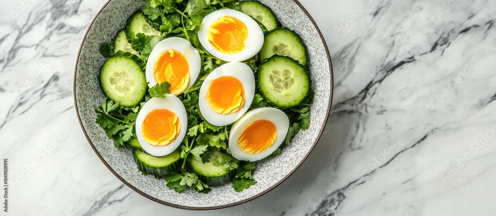 Poster Healthy bowl featuring cucumber salad with eggs and coriander on a marble background. with copy space image. Place for adding text or design