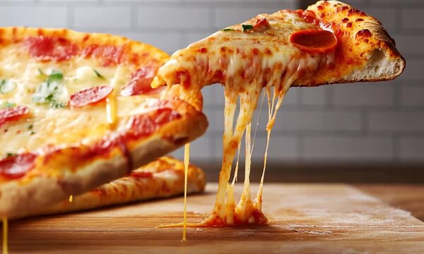 A delicious slice of pizza with melted cheese and pepperoni, showcasing appetizing toppings.