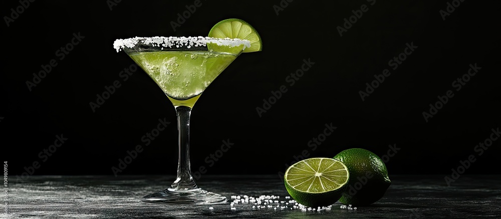 Poster classic margarita cocktail featuring lime salt and ice. with copy space image. place for adding text