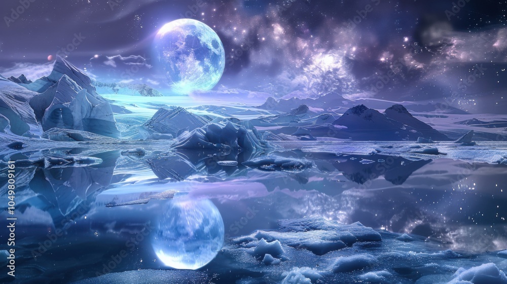 Poster a mesmerizing view of a remote glacier lagoon with reflective, floating icebergs and a rare, bright 