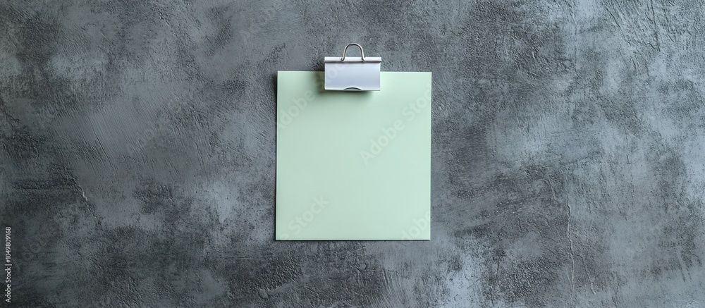 Poster Blank light green note with a white paper clamp on a grey background viewed from above Space for text. with copy space image. Place for adding text or design