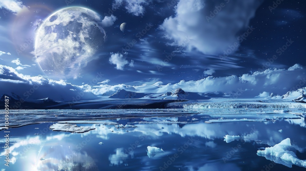 Poster a mesmerizing view of a remote glacier lagoon with reflective, floating icebergs and a rare, bright 