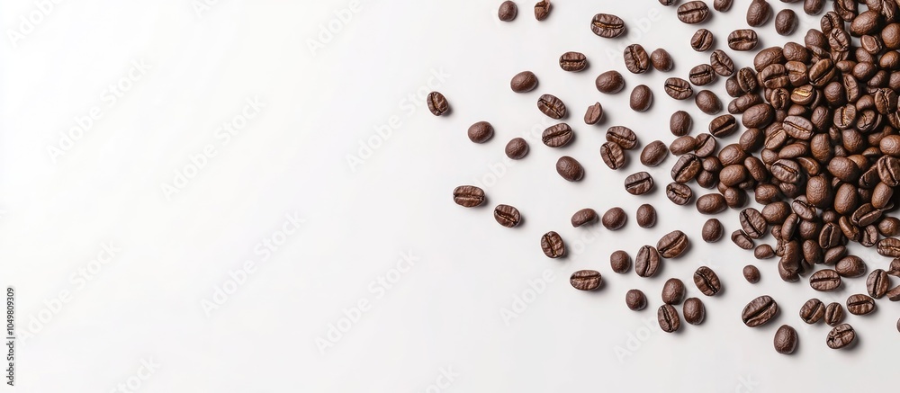 Leinwandbilder Coffee beans are scattered on a white surface extending into the image there is a white background featuring coffee beans along with space for text or other elements. with copy space image