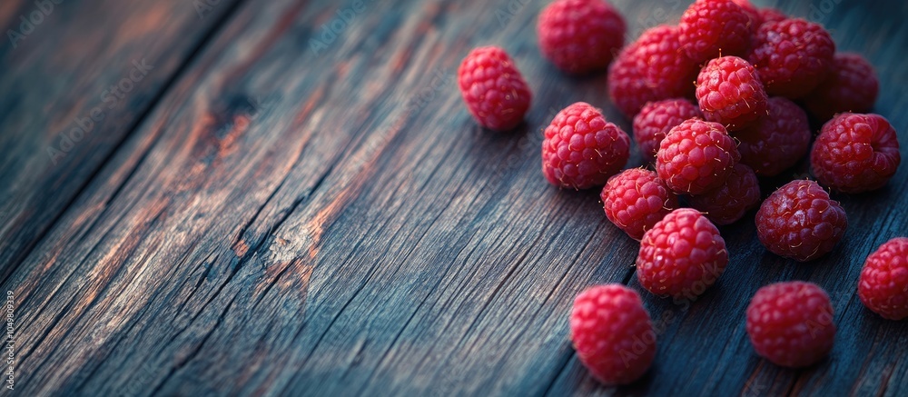 Fototapete sweet raspberries on a wooden surface. with copy space image. place for adding text or design