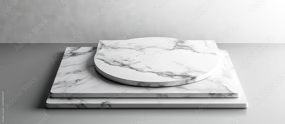 Poster Several marble boards on a grey background Mock up kitchen concept Kitchen utensils and tray. with copy space image. Place for adding text or design