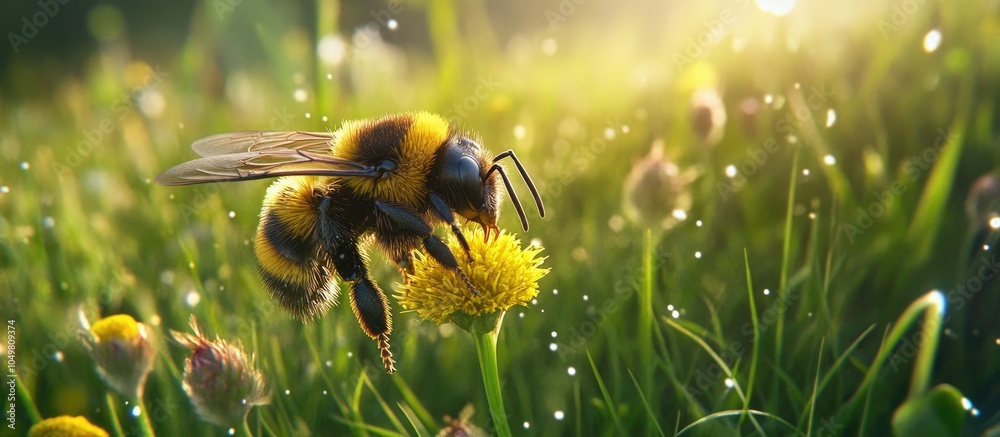Aufkleber A Bumblebee rests on a flower in a grassy meadow. with copy space image. Place for adding text or design