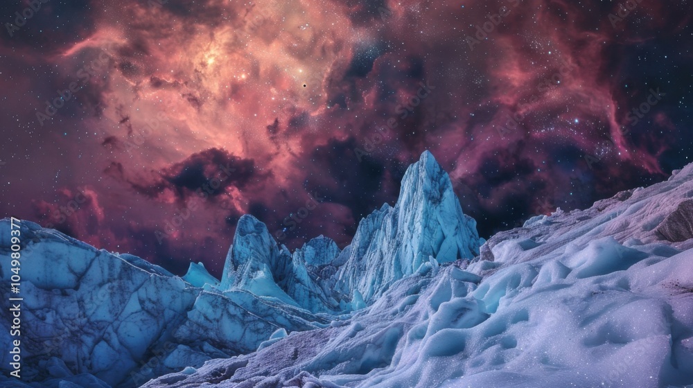 Poster a mesmerizing view of a remote high-altitude glacier with fractured ice sheets and a rare, vivid sup