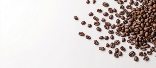 Obraz premium Coffee beans are scattered on a white surface extending into the image there is a white background featuring coffee beans along with space for text or other elements. with copy space image