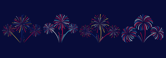 Colorful exploding fireworks on a dark background. Set of different fireworks with red, blue, yellow, white colors.
