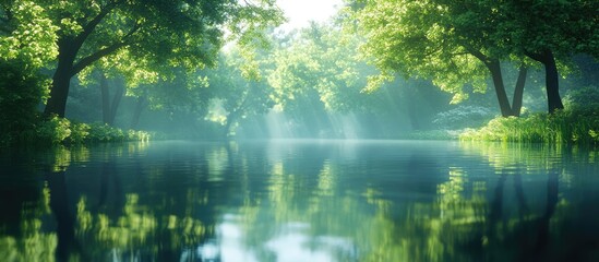 Fototapeta premium Reflection of trees on the water. with copy space image. Place for adding text or design