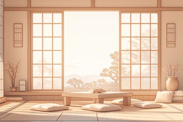 Japanese Style Room Illustration with Wooden Floor and Large Window
