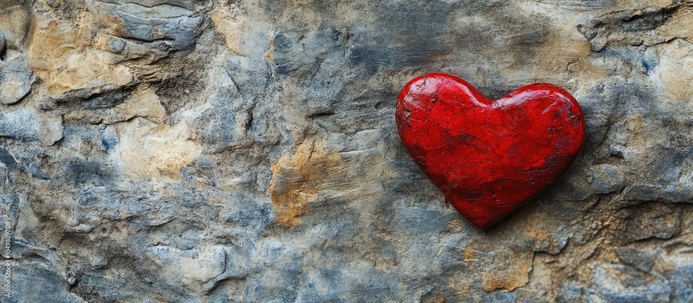 Aufkleber Red heart symbolizing love on a rough stone surface Abstract background for Saint Valentine. with copy space image. Place for adding text or design