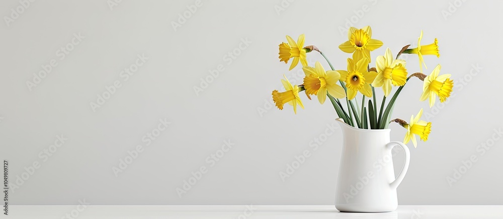 Poster Daffodils in a jug against a white background. with copy space image. Place for adding text or design