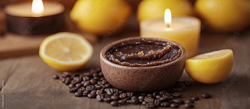Poster handcrafted scrub featuring coffee lemon and argan oil spa essentials candles. with copy space image