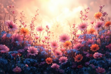 Fototapeta premium A vibrant floral landscape with colorful wildflowers glowing at sunset, creating a dreamy and serene atmosphere, perfect for nature lovers.