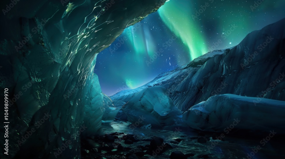 Aufkleber a mesmerizing view of a remote ice cave with multi-hued crystal formations and a rare, bright aurora