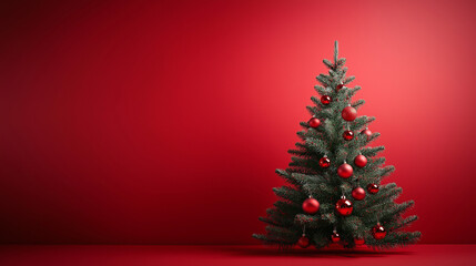 Christmas Tree with Red Ornaments on Red Background
