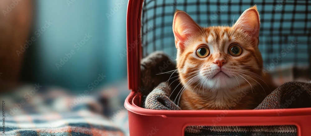 Poster Adorable humorous cat in a carrier on a plaid surface. with copy space image. Place for adding text or design