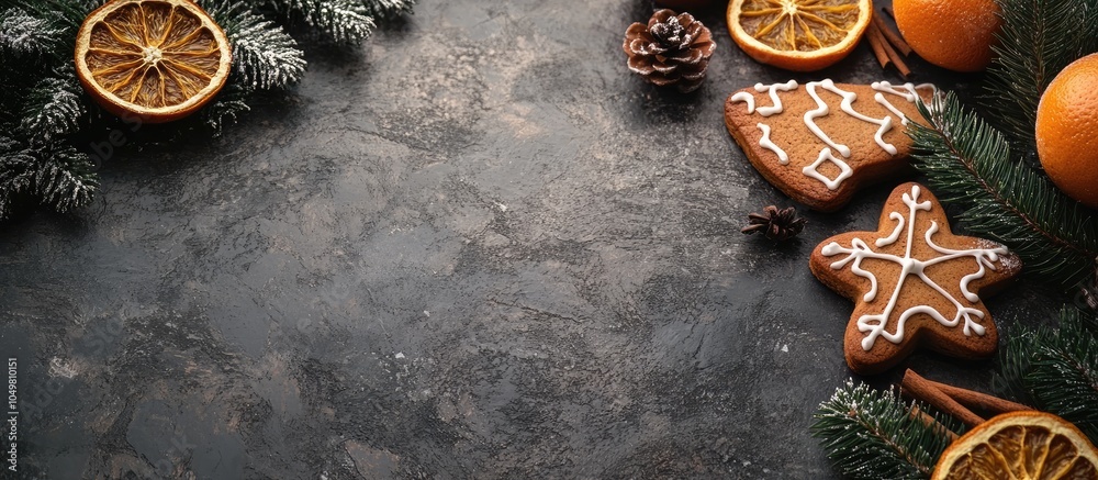 Poster gingerbread cookies fir tree and dried orange rings on a stone background a christmas or new year fr